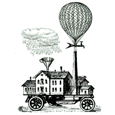 Vintage ink illustration of a rainwater harvesting machine with hot air balloon and funnel on a wheeled cart
