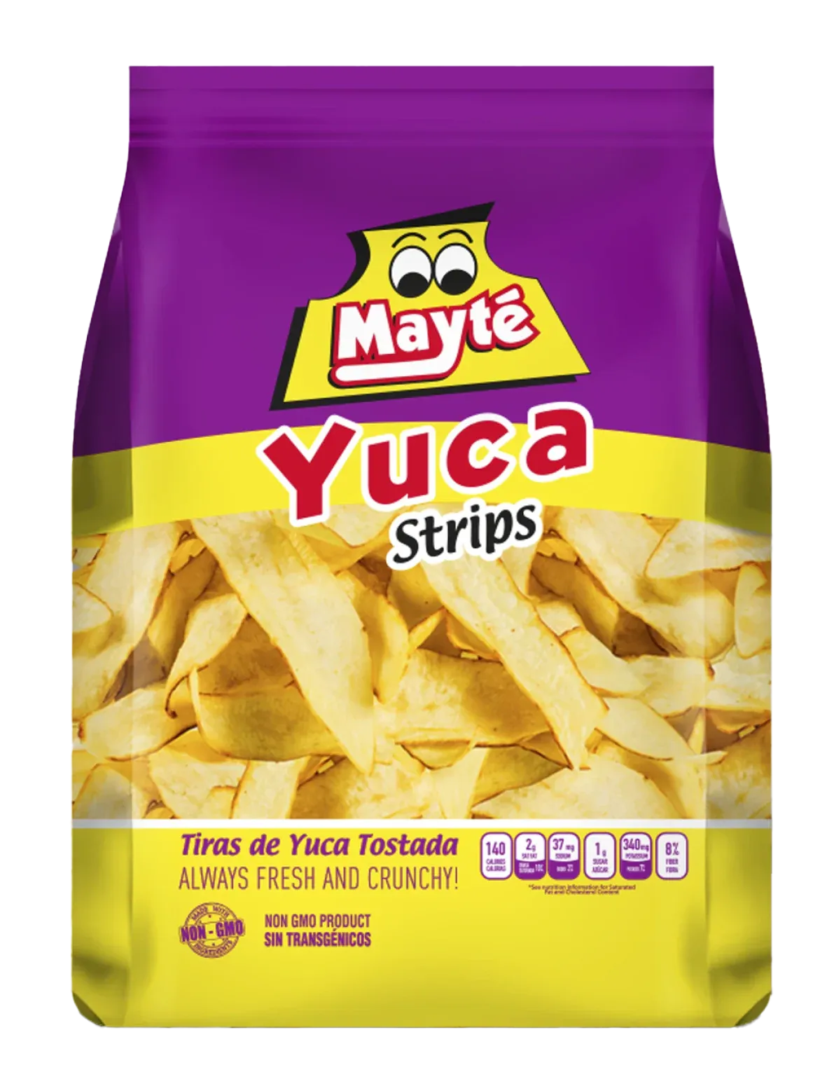 Mayte Yuca Strips bag with purple and yellow packaging, toasted yuca strips